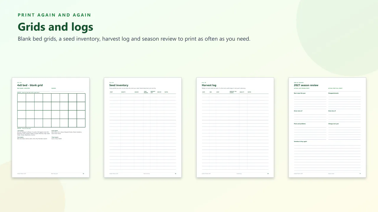 Four fill-in pages: a blank 4x8 bed grid, a seed inventory, a harvest log and a season review.